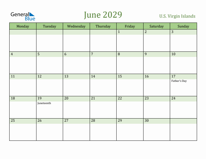 June 2029 Calendar with U.S. Virgin Islands Holidays
