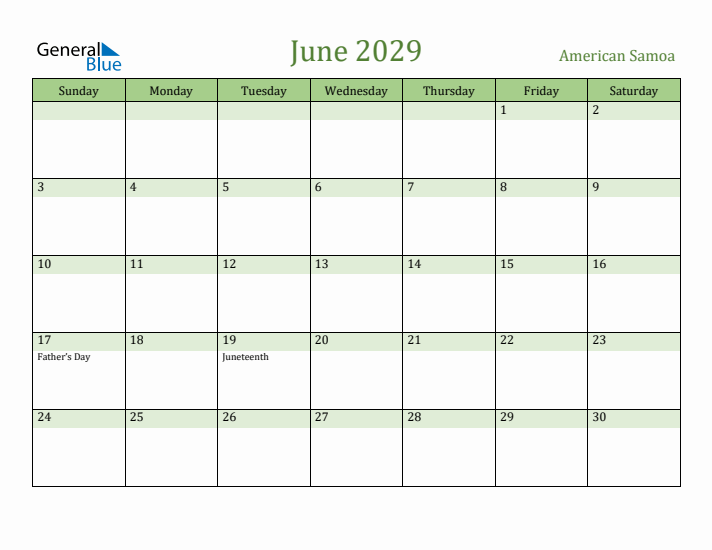 June 2029 Calendar with American Samoa Holidays