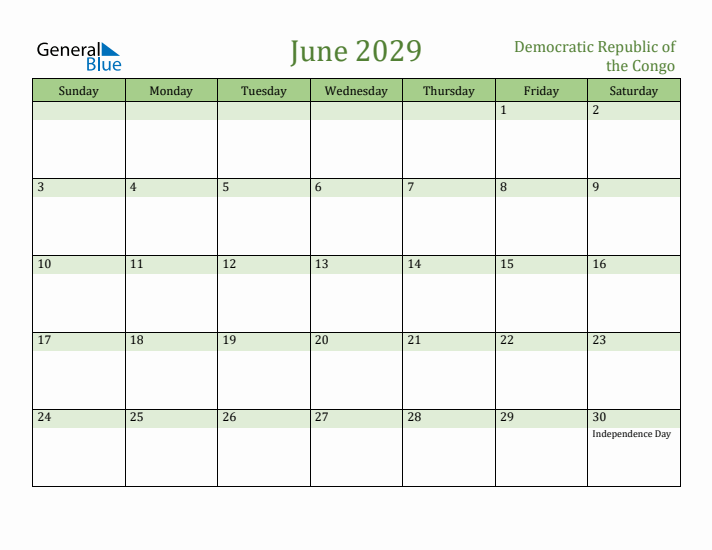 June 2029 Calendar with Democratic Republic of the Congo Holidays