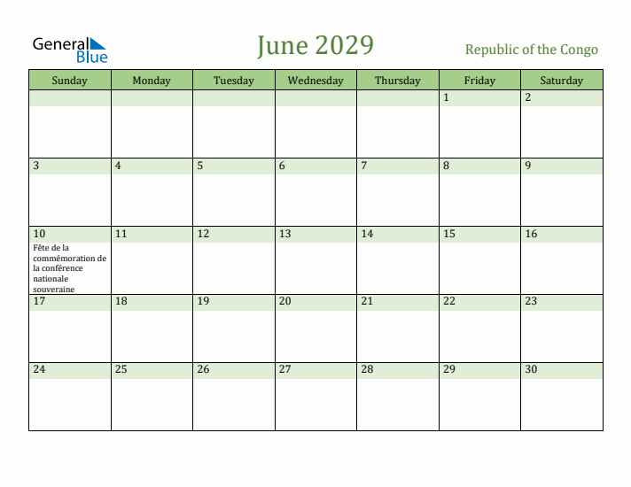 June 2029 Calendar with Republic of the Congo Holidays