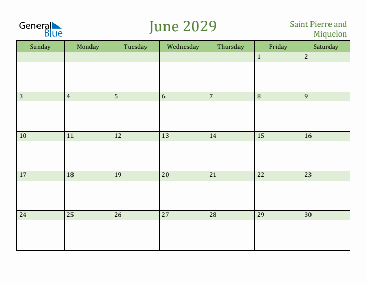 June 2029 Calendar with Saint Pierre and Miquelon Holidays