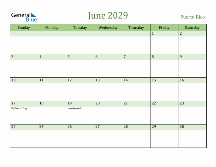 June 2029 Calendar with Puerto Rico Holidays