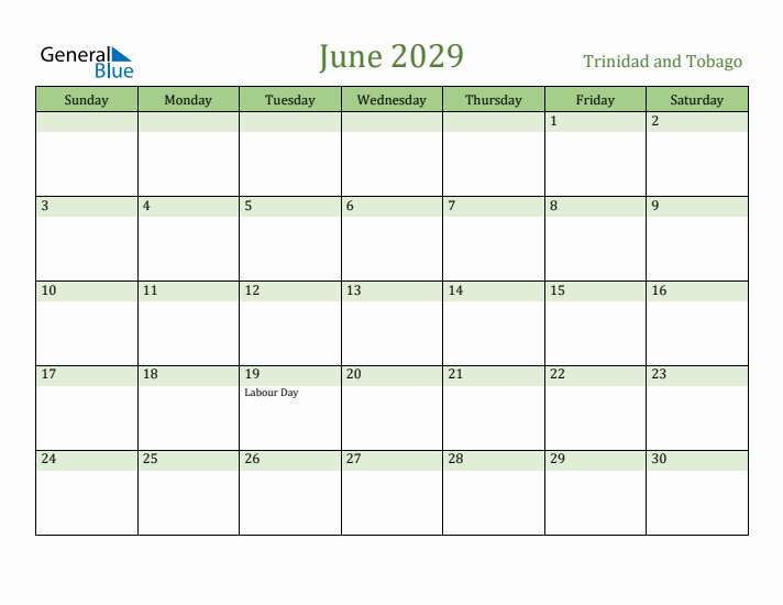 June 2029 Calendar with Trinidad and Tobago Holidays