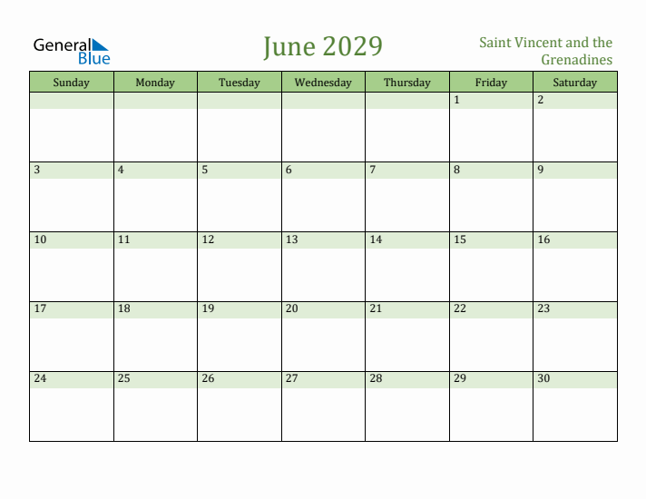 June 2029 Calendar with Saint Vincent and the Grenadines Holidays