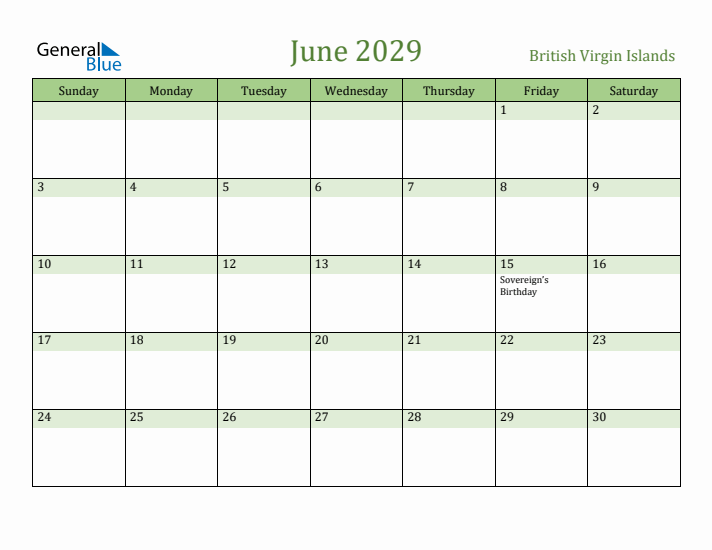 June 2029 Calendar with British Virgin Islands Holidays