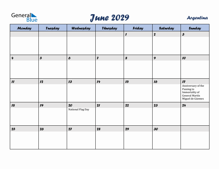 June 2029 Calendar with Holidays in Argentina