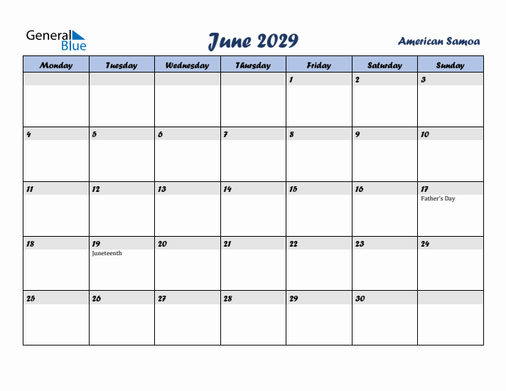 June 2029 Calendar with Holidays in American Samoa