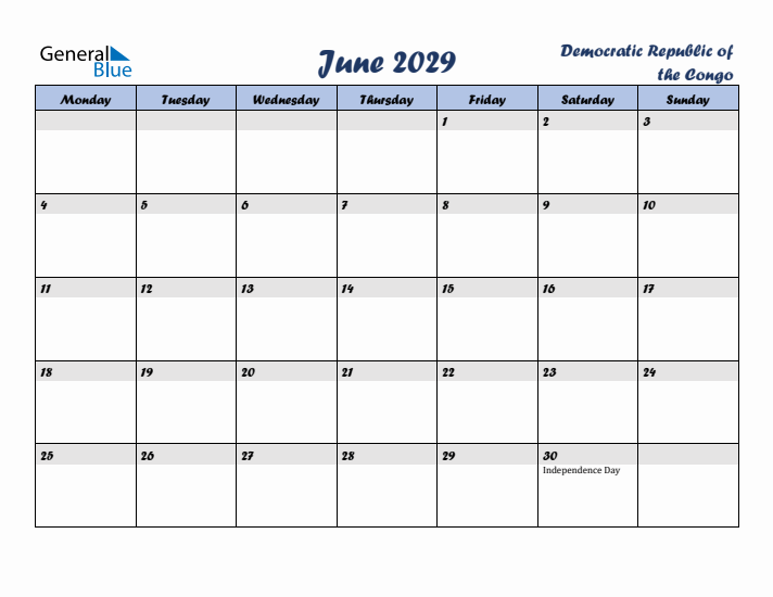 June 2029 Calendar with Holidays in Democratic Republic of the Congo