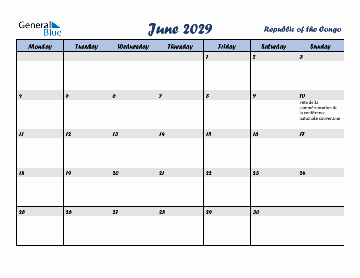 June 2029 Calendar with Holidays in Republic of the Congo