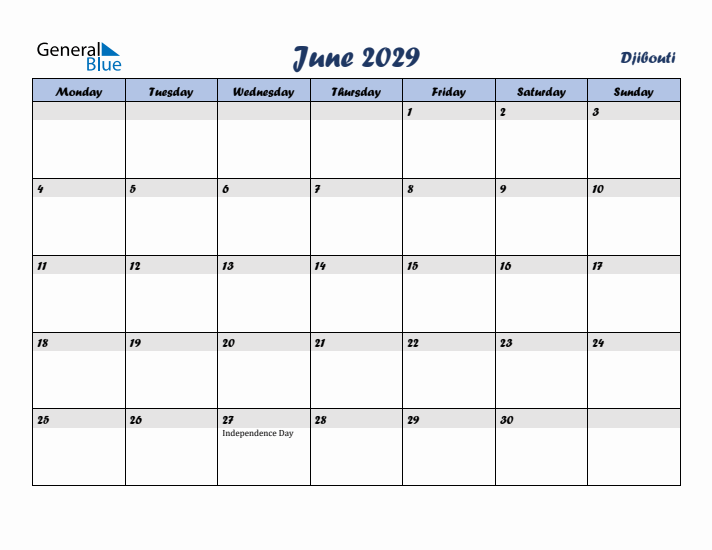 June 2029 Calendar with Holidays in Djibouti