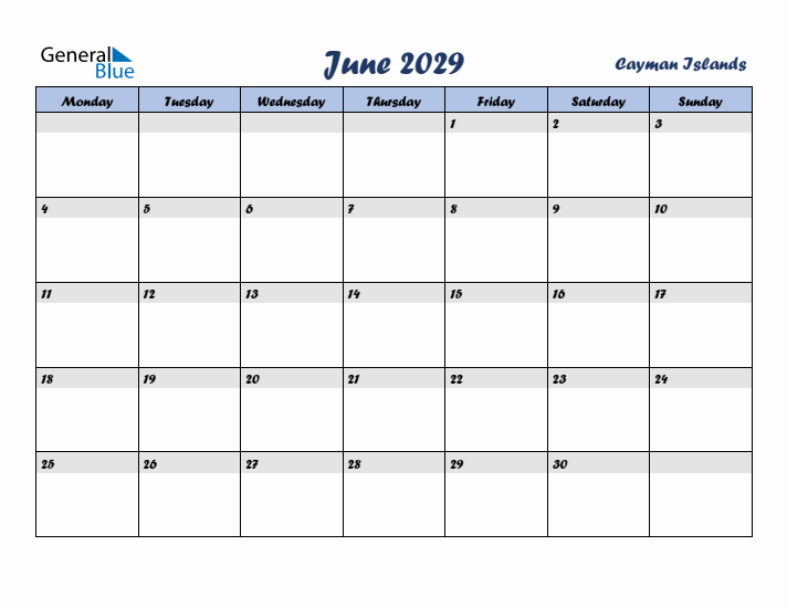 June 2029 Calendar with Holidays in Cayman Islands