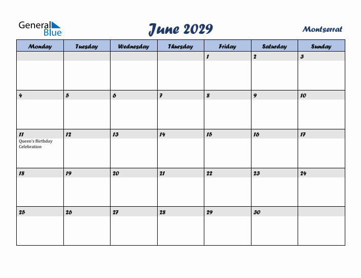 June 2029 Calendar with Holidays in Montserrat