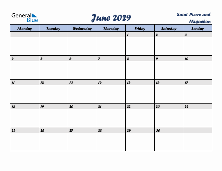 June 2029 Calendar with Holidays in Saint Pierre and Miquelon