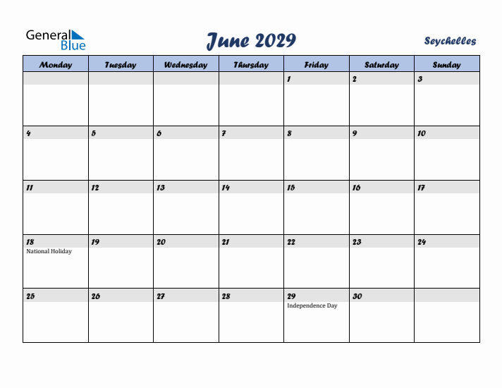 June 2029 Calendar with Holidays in Seychelles