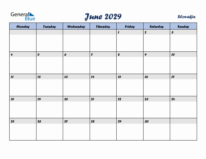 June 2029 Calendar with Holidays in Slovakia