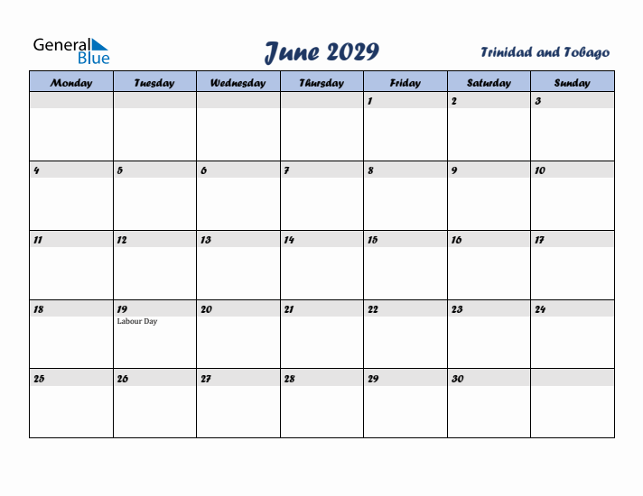 June 2029 Calendar with Holidays in Trinidad and Tobago