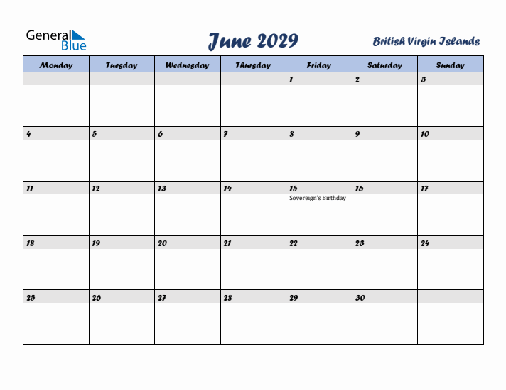 June 2029 Calendar with Holidays in British Virgin Islands