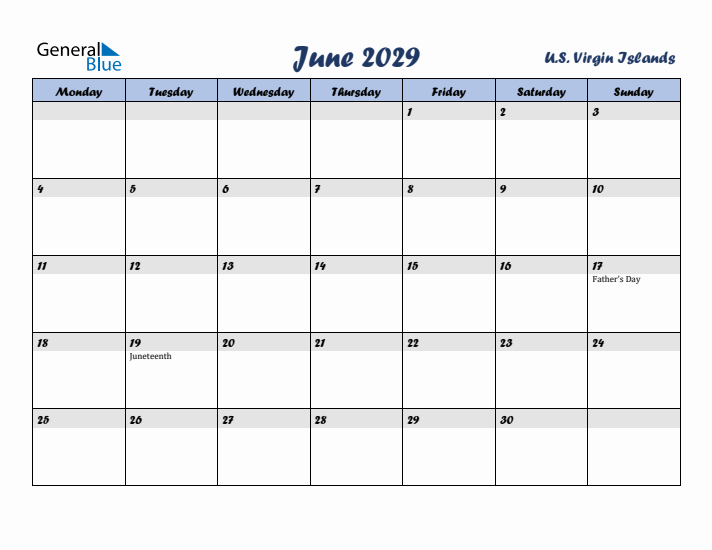 June 2029 Calendar with Holidays in U.S. Virgin Islands