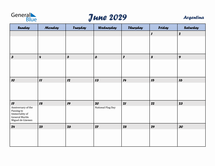 June 2029 Calendar with Holidays in Argentina