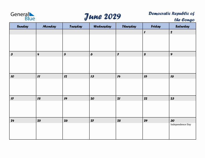 June 2029 Calendar with Holidays in Democratic Republic of the Congo