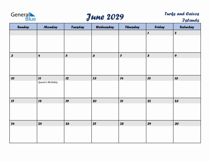 June 2029 Calendar with Holidays in Turks and Caicos Islands