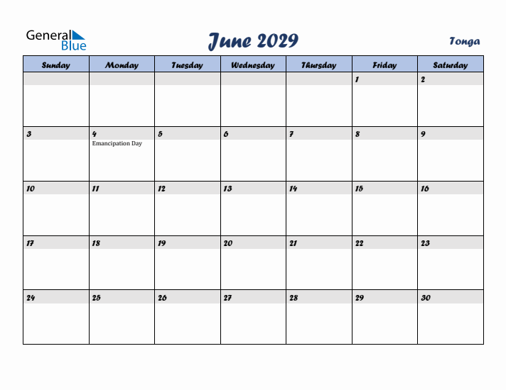 June 2029 Calendar with Holidays in Tonga