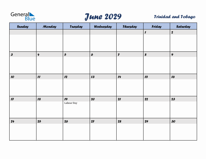 June 2029 Calendar with Holidays in Trinidad and Tobago
