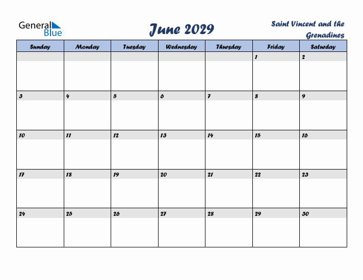 June 2029 Calendar with Holidays in Saint Vincent and the Grenadines