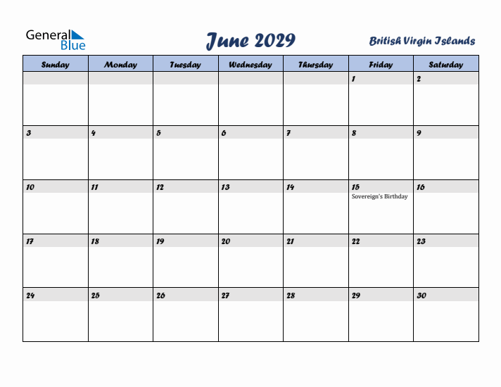 June 2029 Calendar with Holidays in British Virgin Islands