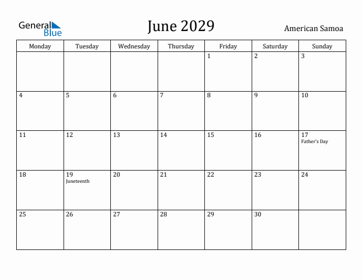 June 2029 Calendar American Samoa