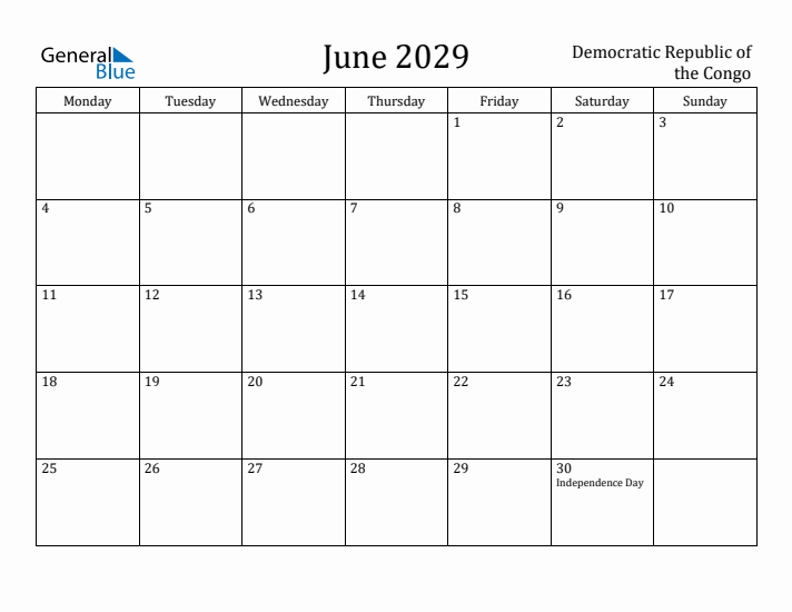 June 2029 Calendar Democratic Republic of the Congo