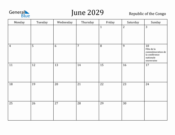 June 2029 Calendar Republic of the Congo