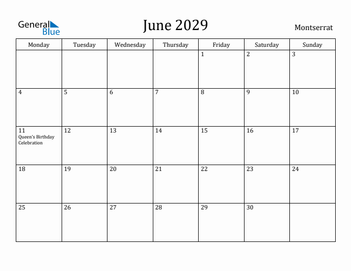 June 2029 Calendar Montserrat