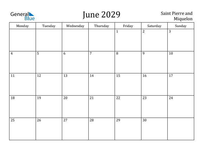 June 2029 Calendar Saint Pierre and Miquelon