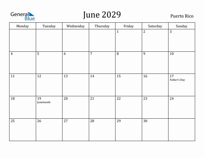 June 2029 Calendar Puerto Rico
