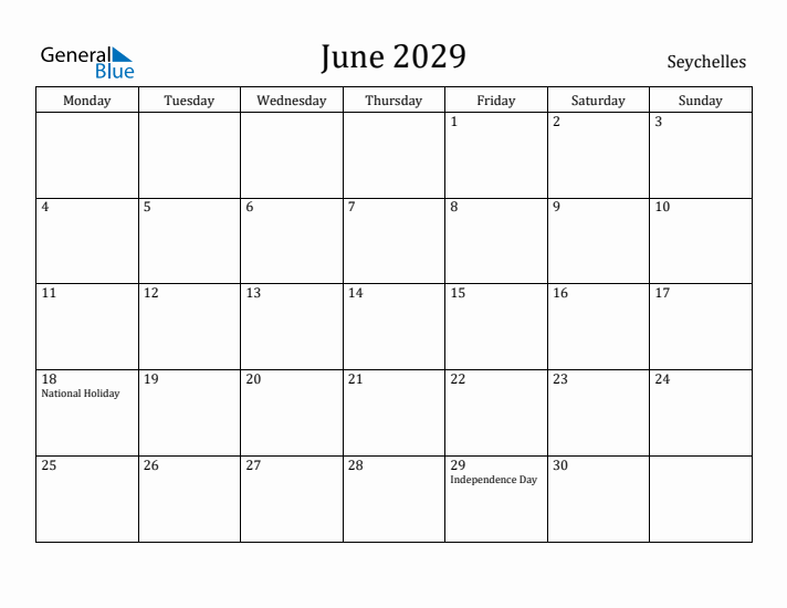 June 2029 Calendar Seychelles