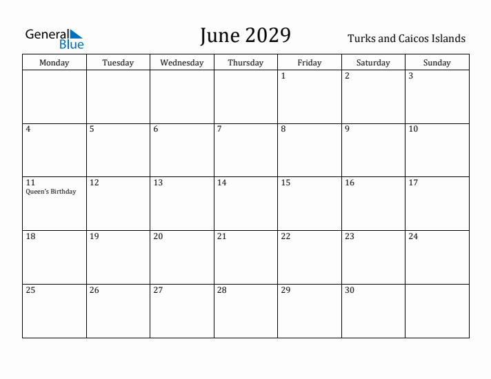 June 2029 Calendar Turks and Caicos Islands