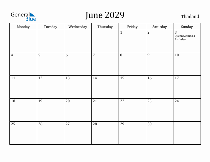 June 2029 Calendar Thailand