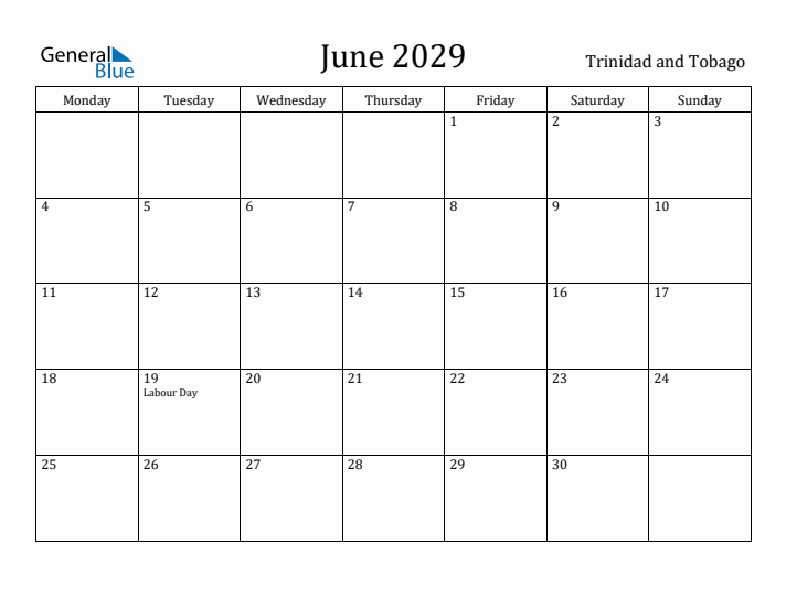June 2029 Calendar Trinidad and Tobago