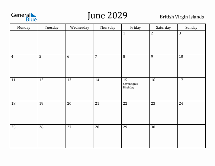 June 2029 Calendar British Virgin Islands