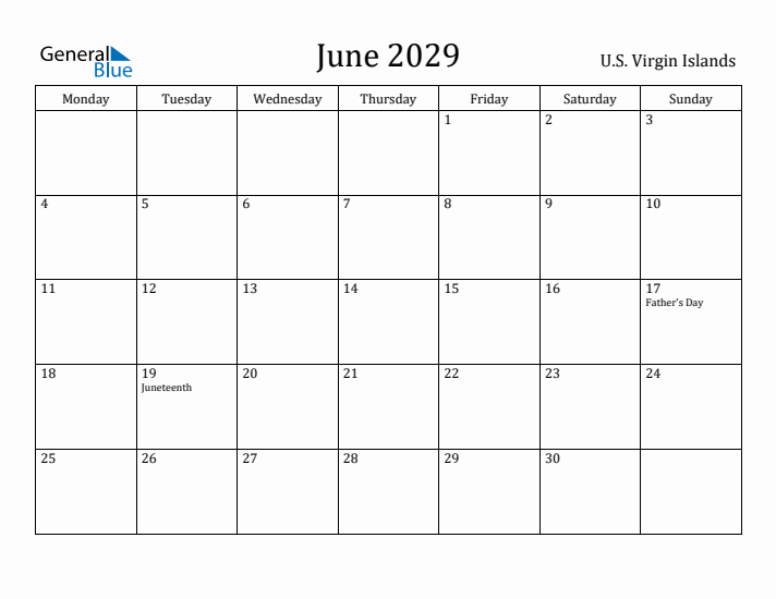June 2029 Calendar U.S. Virgin Islands