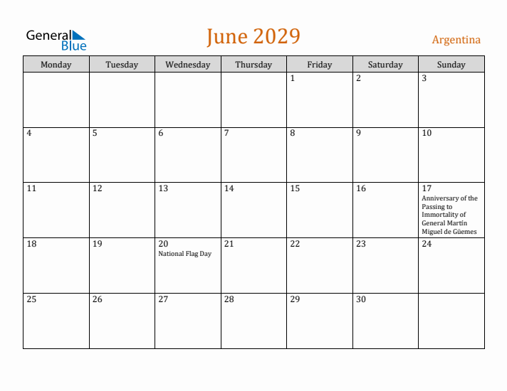 June 2029 Holiday Calendar with Monday Start