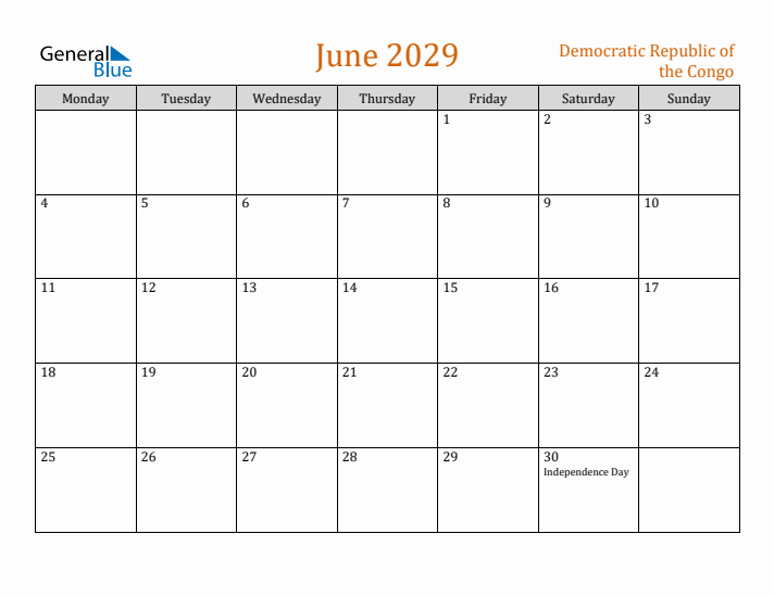 June 2029 Holiday Calendar with Monday Start