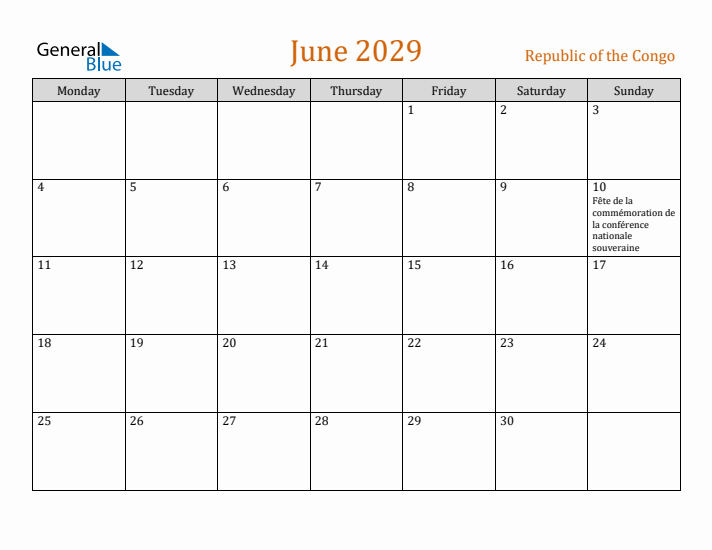 June 2029 Holiday Calendar with Monday Start