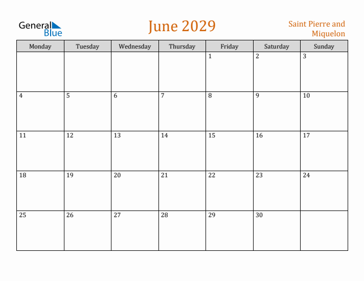 June 2029 Holiday Calendar with Monday Start