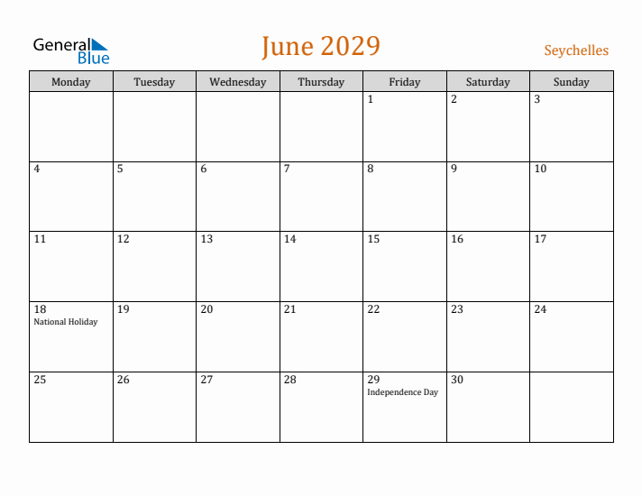 June 2029 Holiday Calendar with Monday Start
