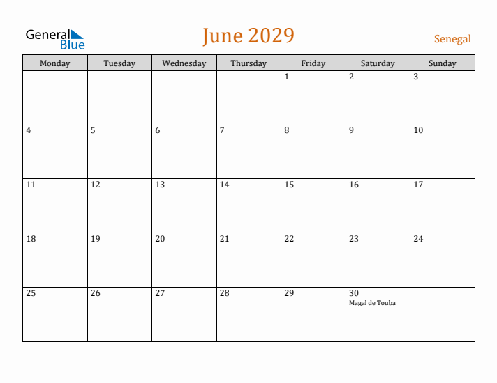 June 2029 Holiday Calendar with Monday Start