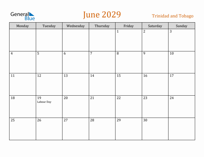 June 2029 Holiday Calendar with Monday Start