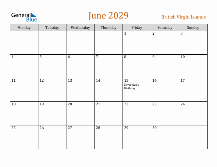 June 2029 Holiday Calendar with Monday Start