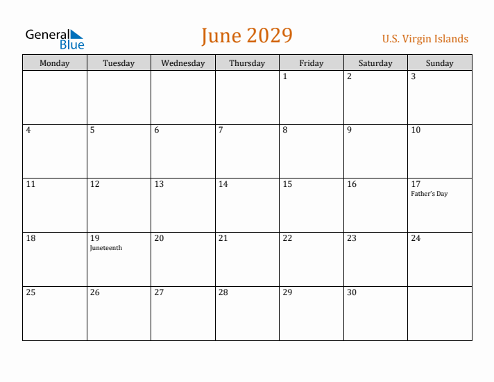 June 2029 Holiday Calendar with Monday Start